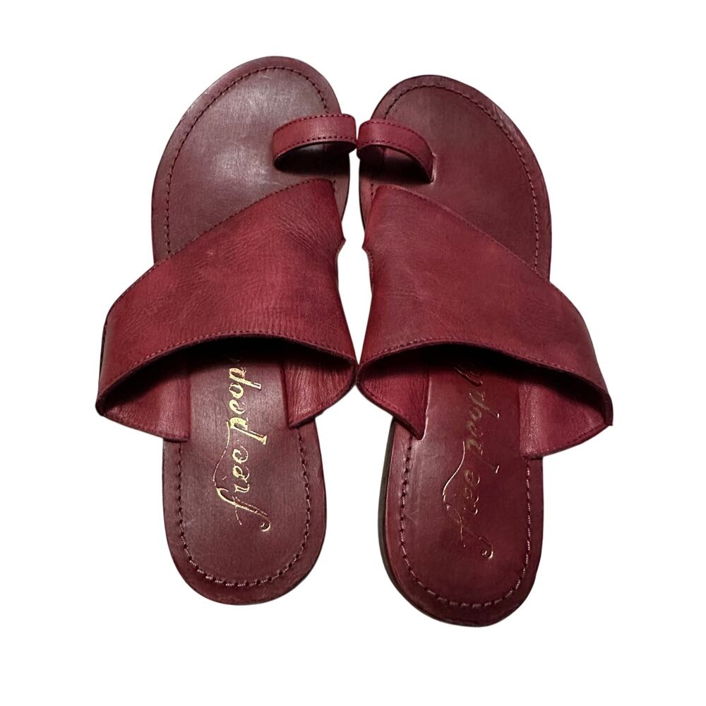 Free People Sant Antoni Faded Cherry Red Leather Asymmetric Slides Sz 38.5 / 8.5